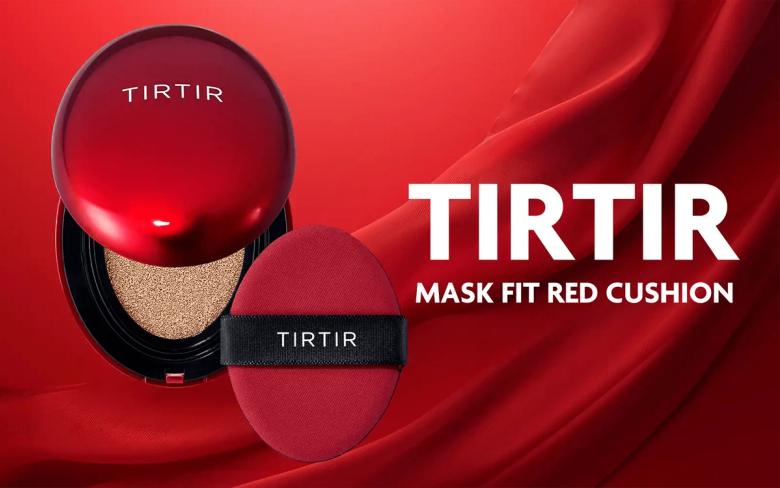 TIRTIR Mask Fit Red Cushion cosmetic foundation product display with applicator puff