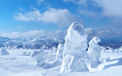 Snow-covered trees and winter landscape on mountain peak with blue sky