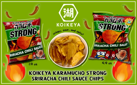 Koikeya Karamucho Strong Sriracha Chili Sauce chips product display with two package sizes