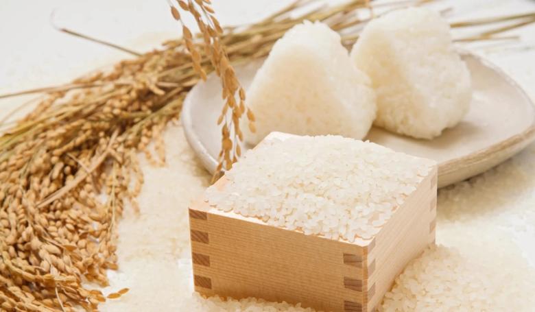 Rice and mochi with wheat stalks on wooden surface, traditional Japanese ingredients