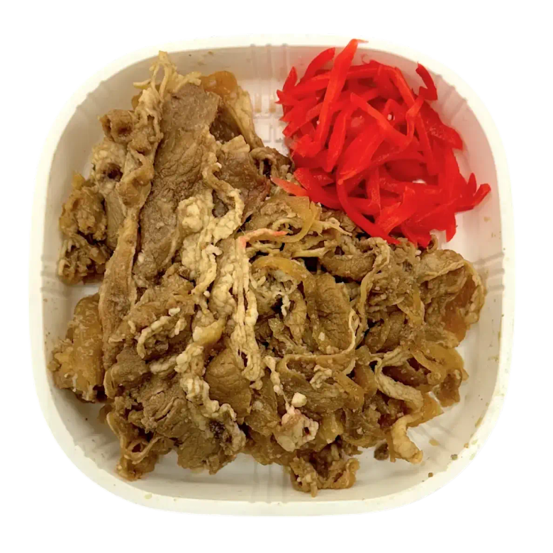 Sliced beef with pickled red ginger in white takeout container