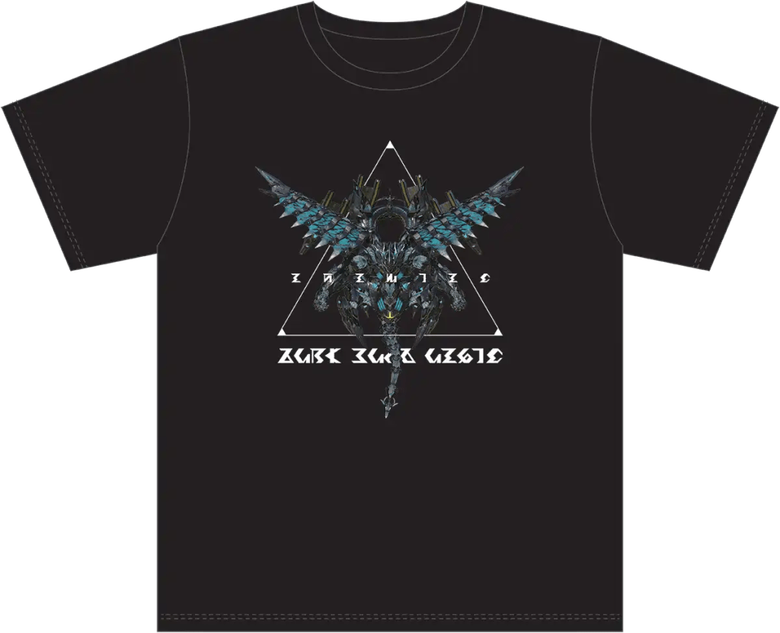 Black t-shirt featuring geometric triangle design with winged creature artwork and mystical symbols
