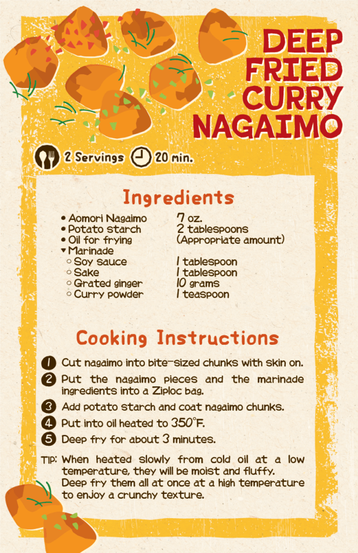 Deep fried curry nagaimo recipe card with ingredients and cooking instructions for 2 servings