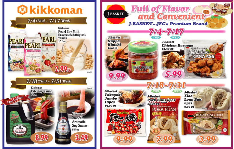 Kikkoman and J-Basket grocery store weekly promotion flyers with food and beverage specials
