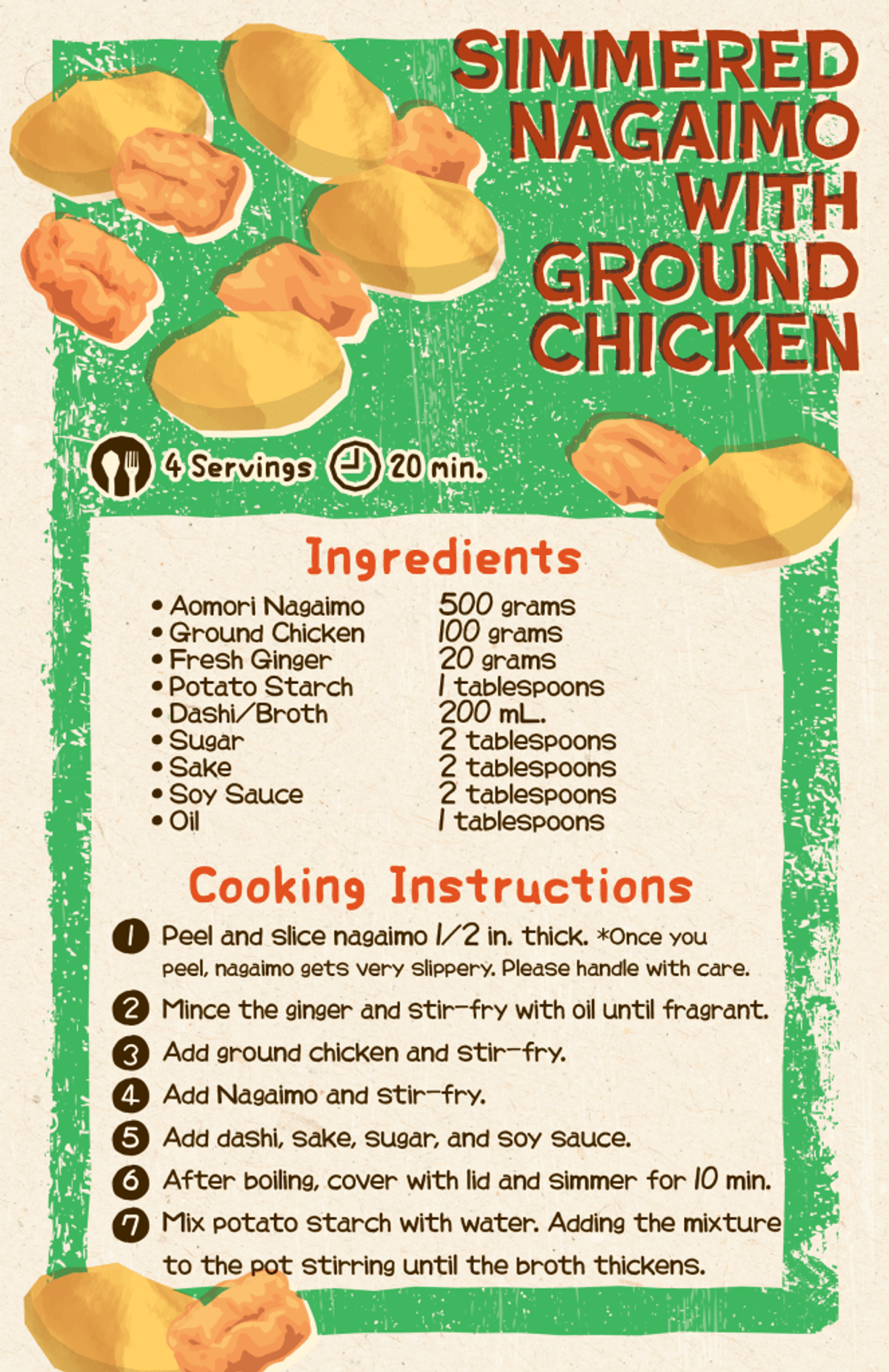 Simmered Nagaimo with Ground Chicken recipe card with ingredients and cooking instructions