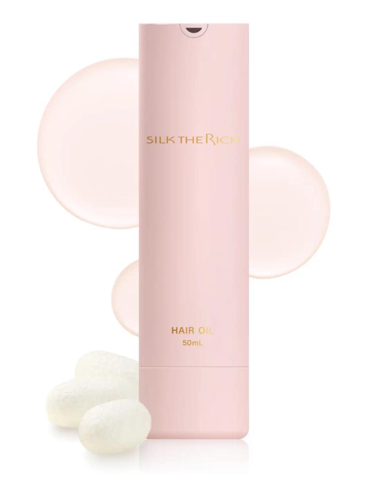 SILK THE RICH Hair Oil 50mL pink bottle with product swatches and pearls