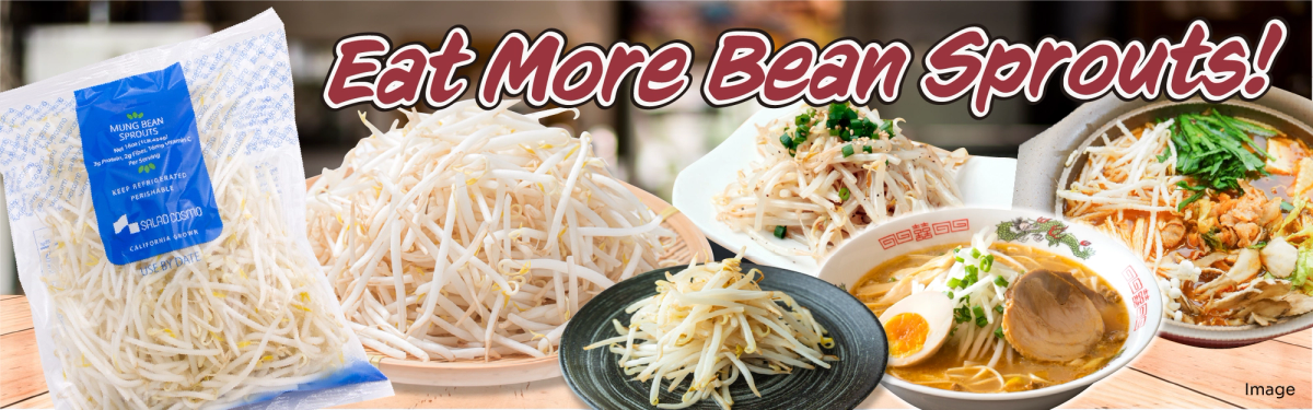 Bean sprouts packaging and prepared dishes displayed on table with text "Eat More Bean Sprouts