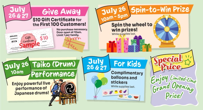 Grand opening promotions featuring gift certificates, spin-to-win prizes, taiko drum performance, and complimentary balloons for kids