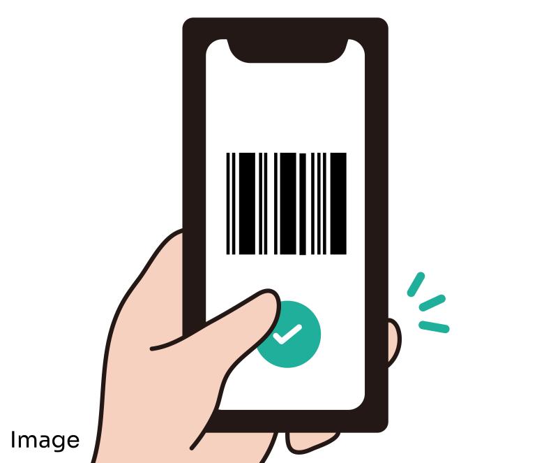 Hand holding smartphone displaying barcode with checkmark confirmation button