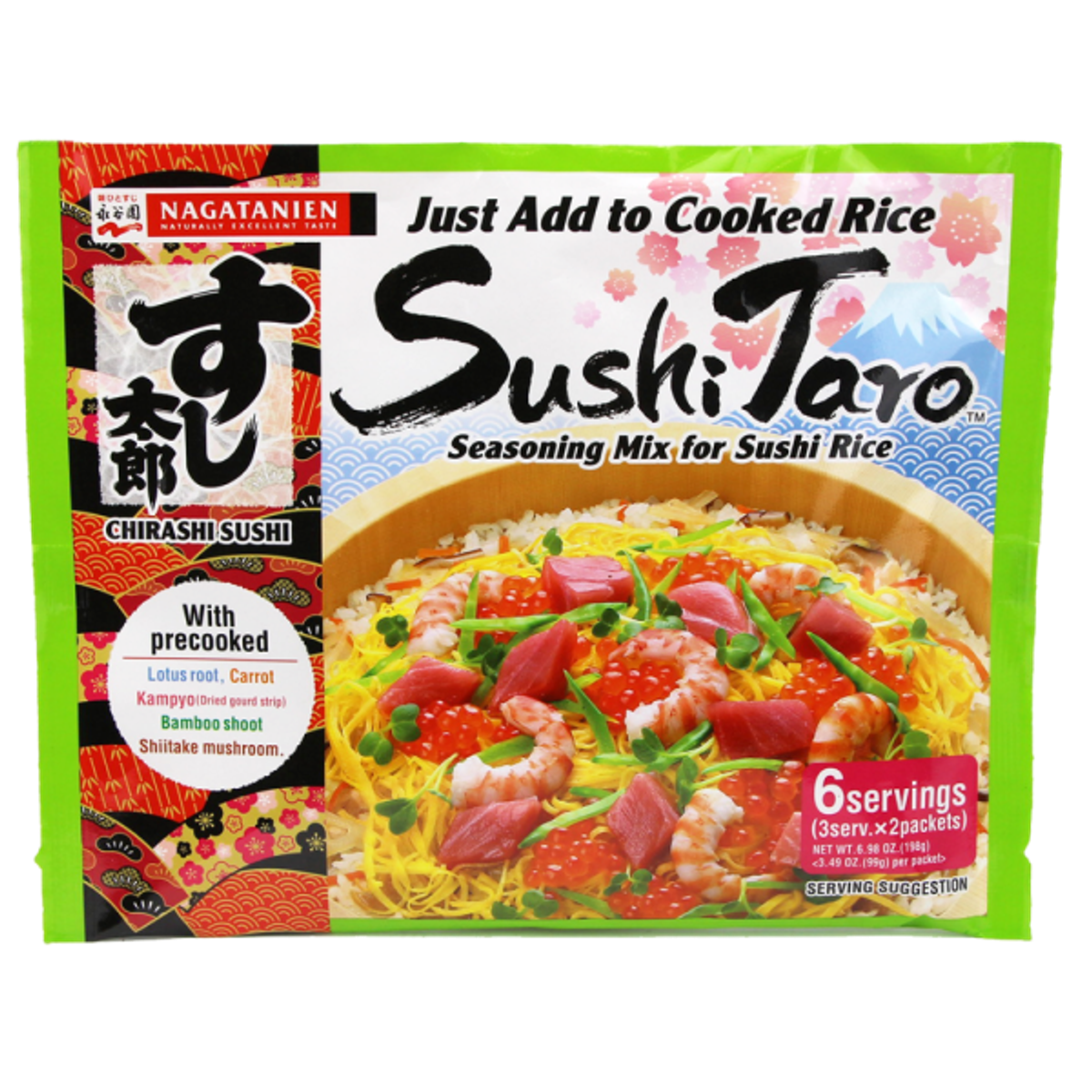 Nagatanien Sushi Taro seasoning mix packet, 6 servings with precooked vegetables for sushi rice