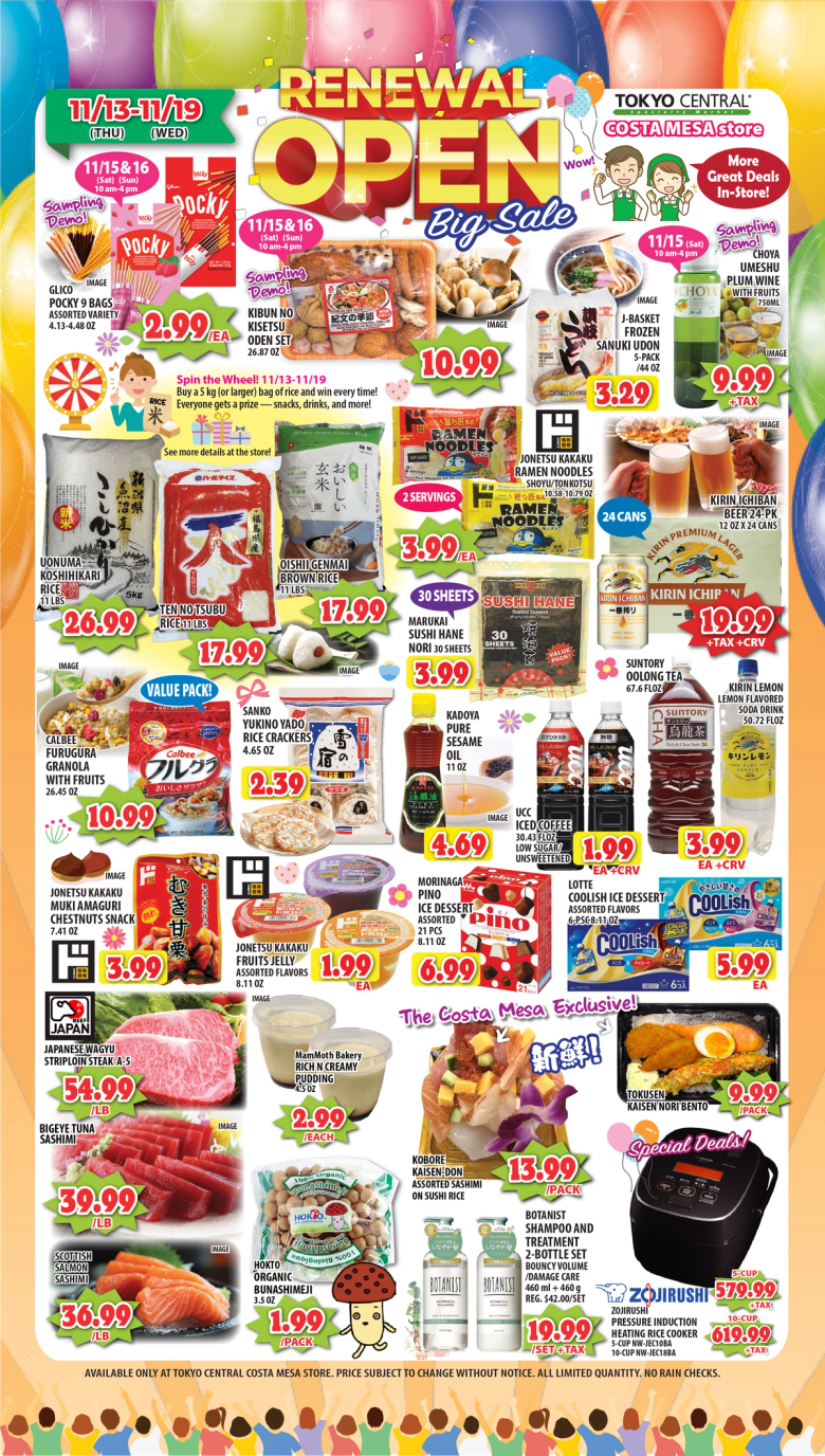 Tokyo Central Costa Mesa store renewal sale flyer featuring Japanese groceries, ramen, meat, and beverages with prices