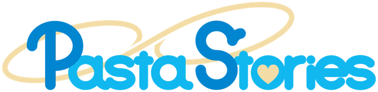 PastaStories logo with blue text and decorative gold swirls on black background