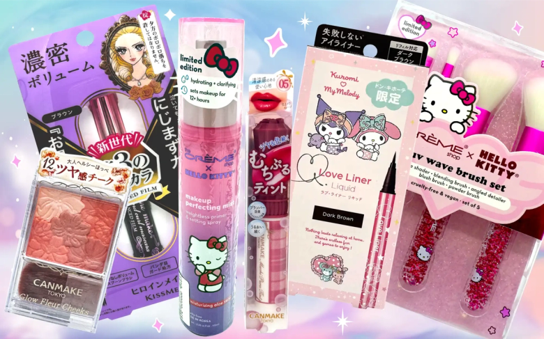 Japanese cosmetics collection featuring Hello Kitty makeup products and beauty items