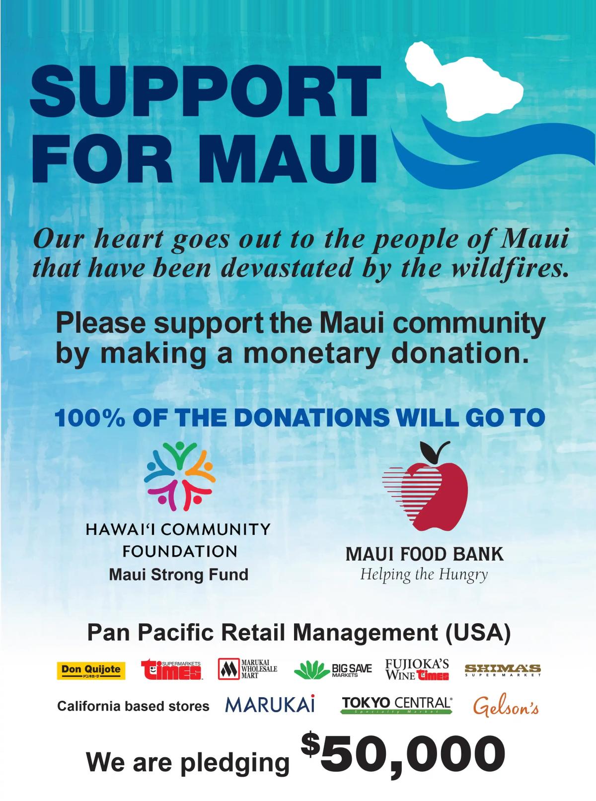 Support for Maui wildfire relief donation campaign by Pan Pacific Retail Management stores pledging $50,000
