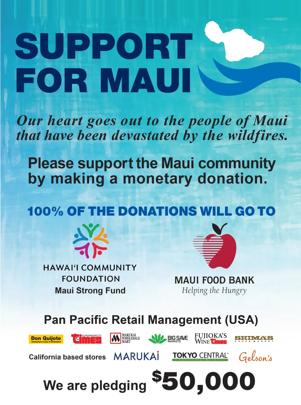 Support for Maui wildfire relief donation campaign by Pan Pacific Retail Management stores pledging $50,000
