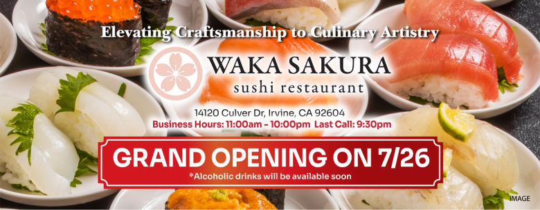 Waka Sakura sushi restaurant grand opening flyer with nigiri sushi and business details