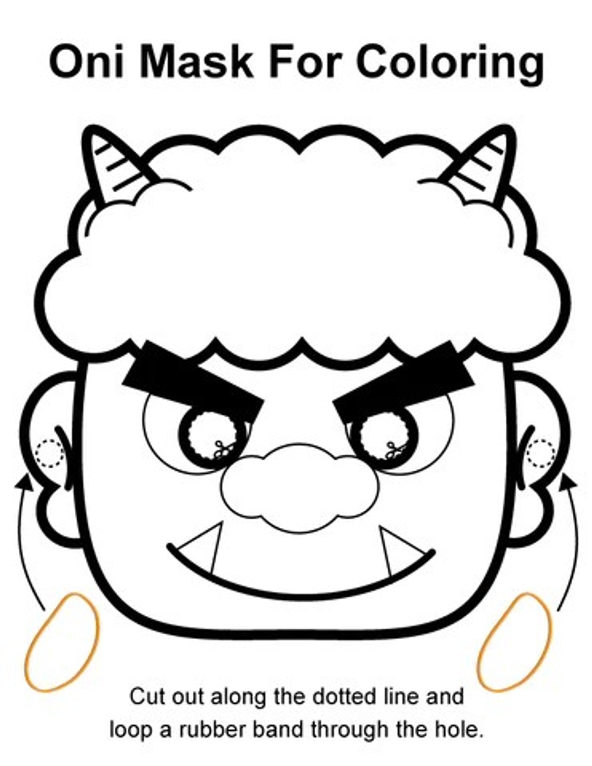 Oni mask coloring template with horns and angry expression, cut-out craft activity for children