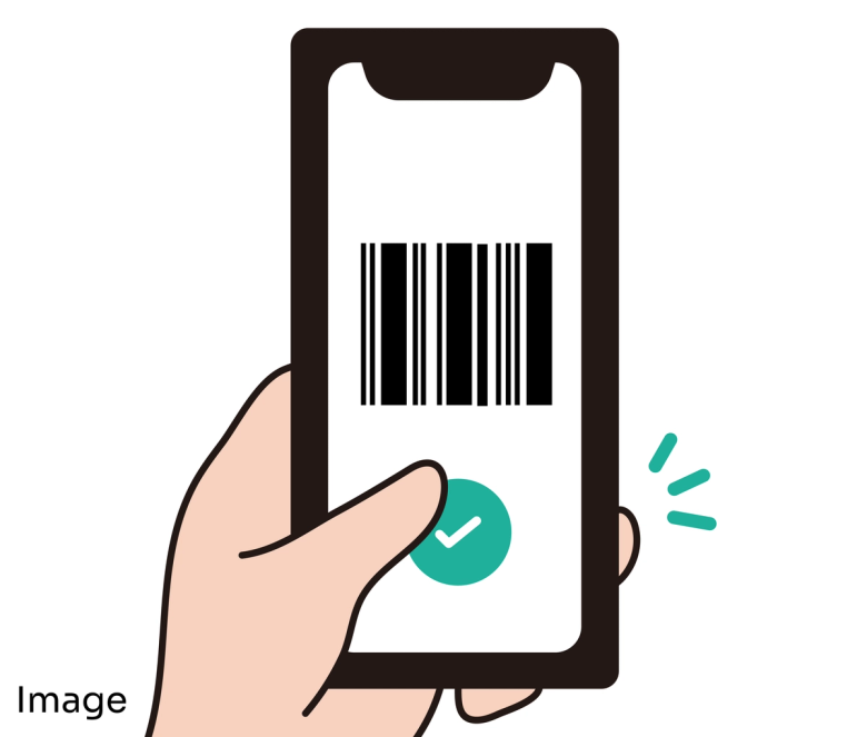 Hand holding smartphone displaying barcode with checkmark confirmation button