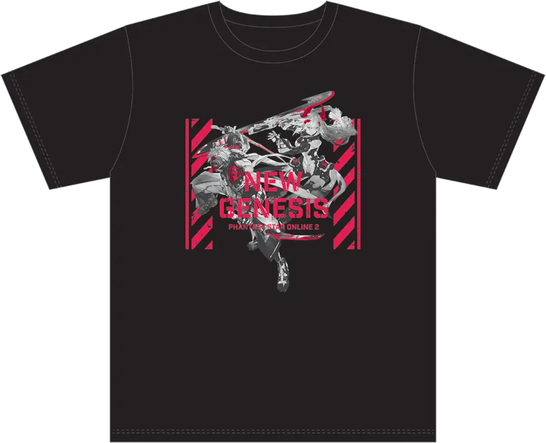 Black t-shirt with "New Genesis" red text and anime-style graphic design
