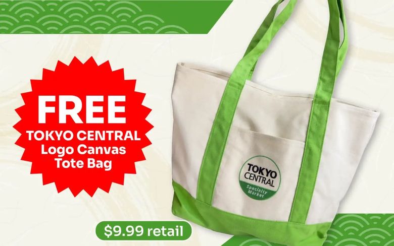 Free Tokyo Central logo canvas tote bag promotion, $9.99 retail value