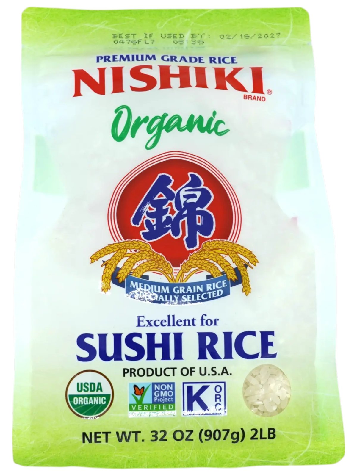 Nishiki Organic Premium Grade Medium Grain Sushi Rice 2lb package