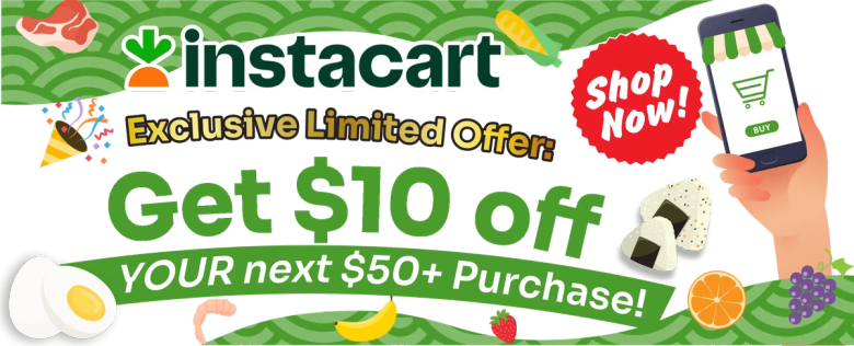 Instacart promotional banner offering $10 off $50+ purchase with groceries and shopping app