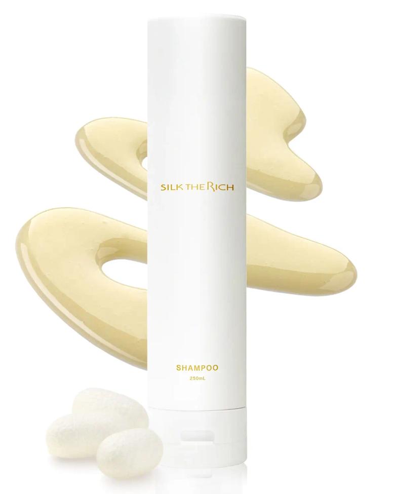 Silk the Rich shampoo 250mL bottle with cream-colored product swatches and white solid ingredients displayed