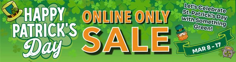 Happy Patrick's Day online only sale banner, March 8-17, green themed promotion