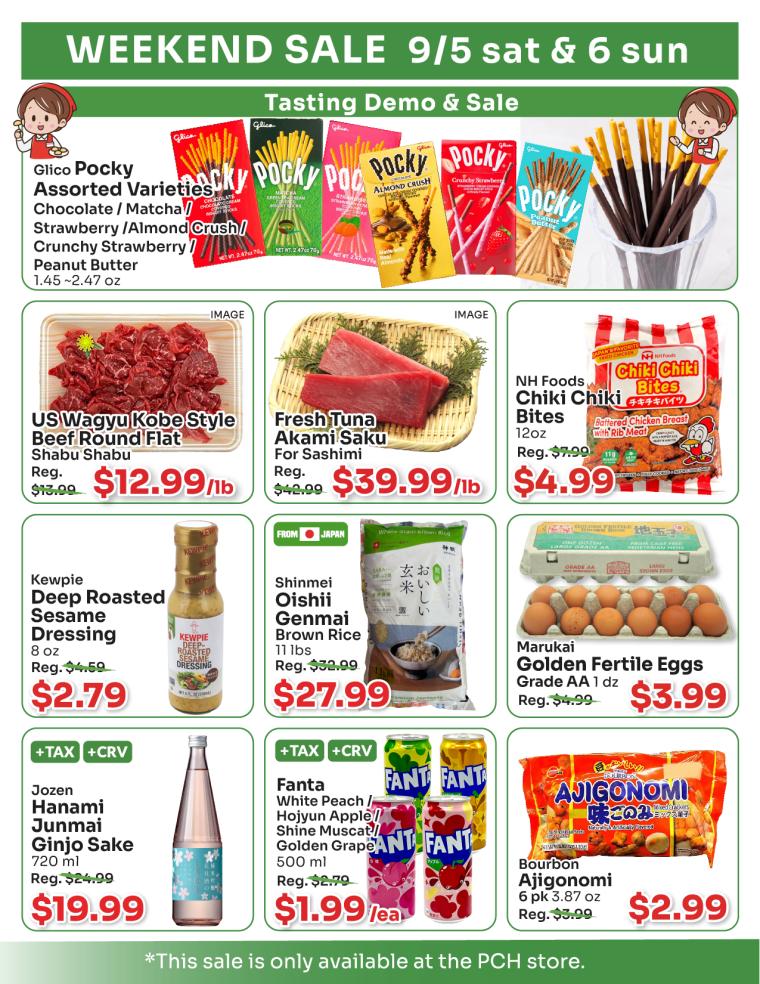 Tokyo Central PCH Torrance Weekend Sale flyer for September 5–6, featuring deals on bulgogi beef, mikan buri, cold noodles, brown rice, eggs, chocolate, beverages, sake, and facial cleanser.