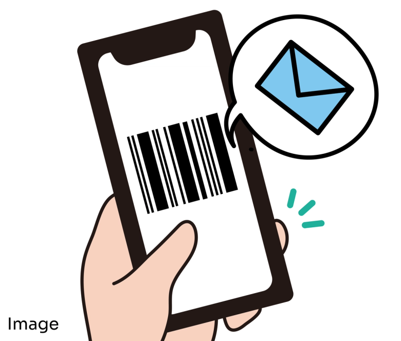 Hand holding smartphone displaying barcode with email icon popup notification
