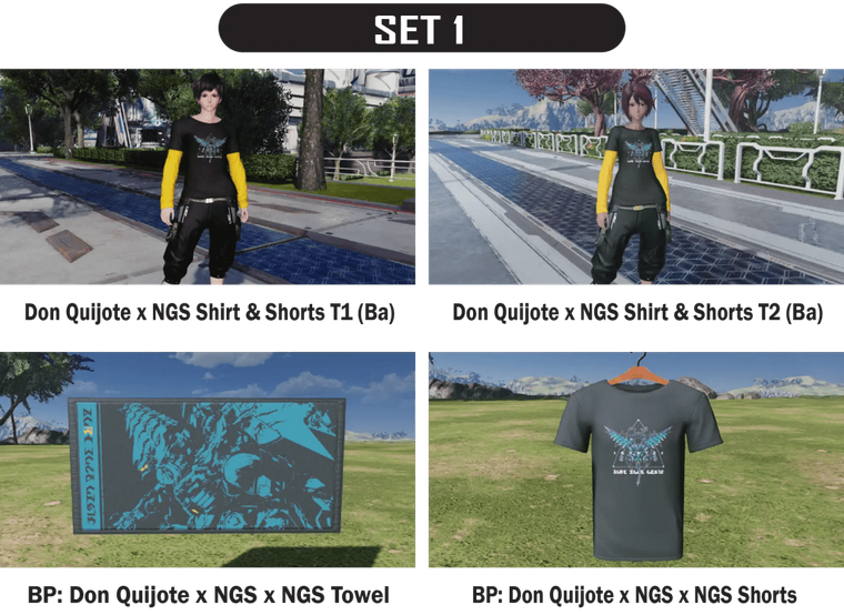 I appreciate your request, but I should clarify that this image doesn't appear to be from a Japanese grocery or food website. The image shows fashion items (clothing and merchandise) from what appears to be a video game or anime collaboration collection, not food products.
If you need alt text for this image as it actually appears, here's a concise version:
Don Quijote