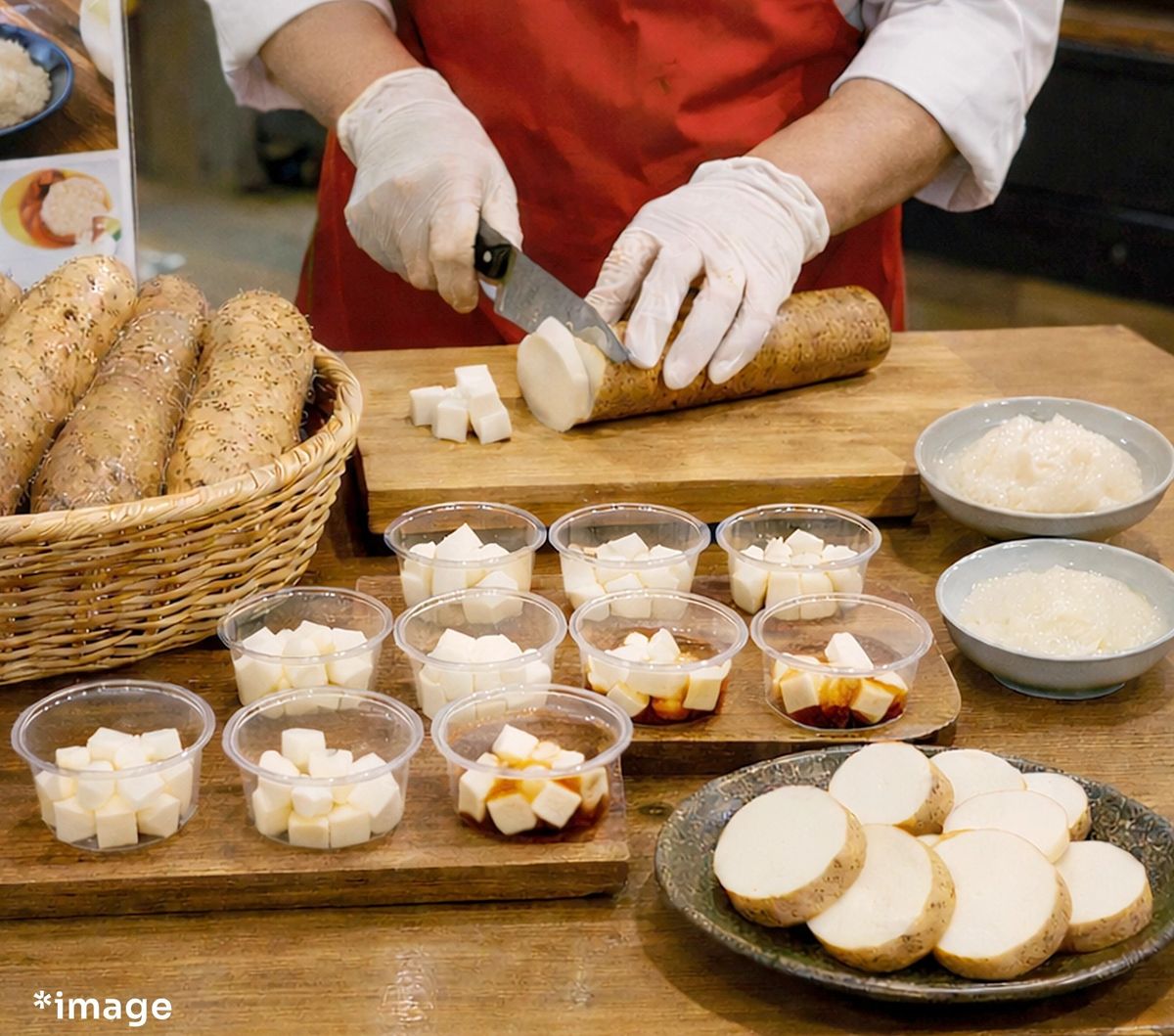 Chef in red apron slicing potato on cutting board with prepared ingredients and bread slices