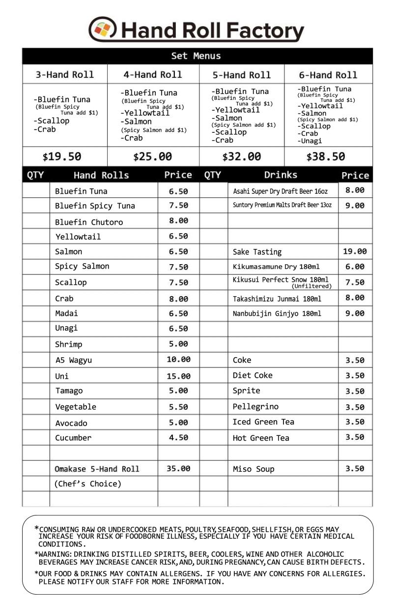 Hand Roll Factory menu with sushi options, prices, and beverage selections
