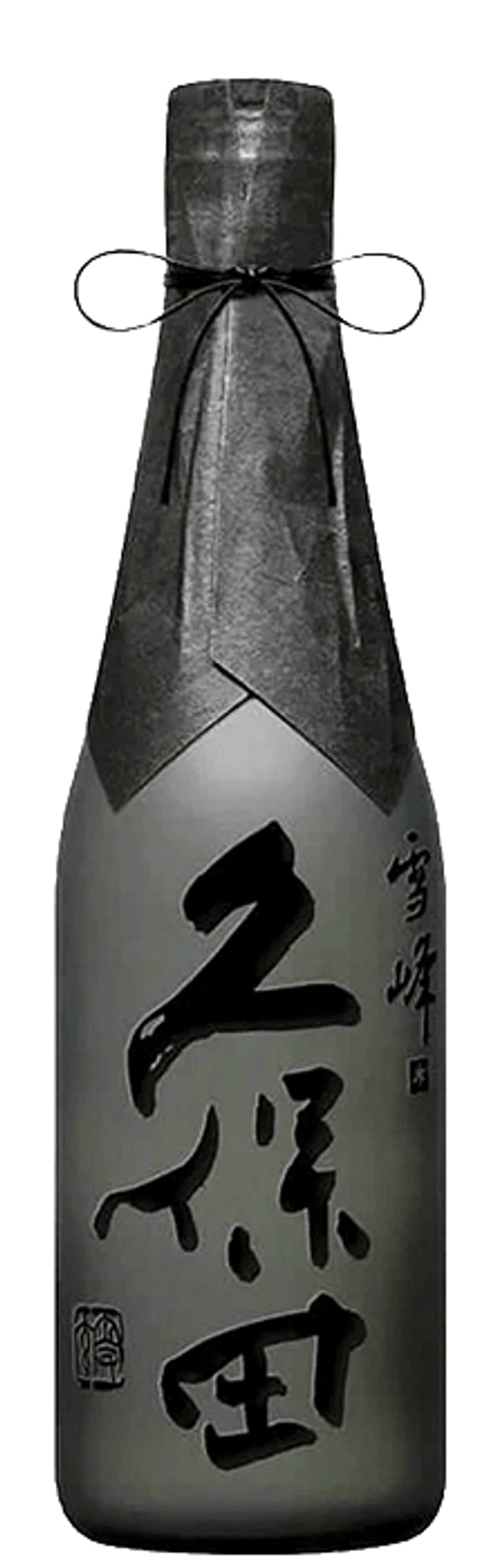 Japanese sake bottle with decorative black bow and calligraphy label