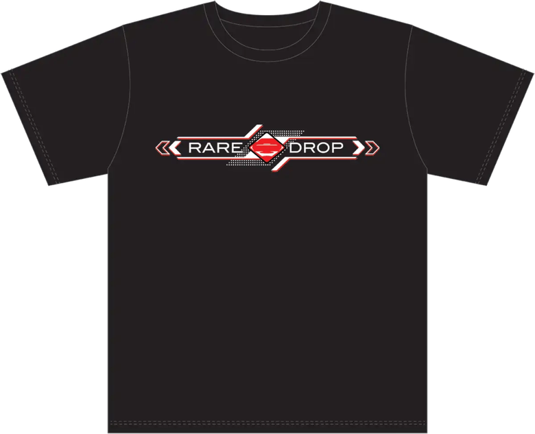 Black t-shirt with "Rare Drop" logo featuring red lips and chevron design