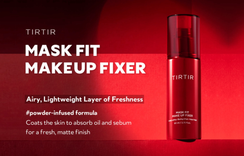 TIRTIR Mask Fit Makeup Fixer spray bottle on red background product advertisement