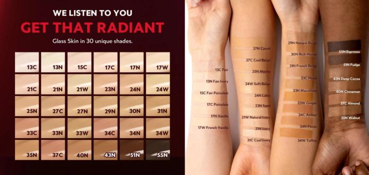 # Alt Text

Cosmetic foundation shade chart displaying 30 skin tone matches from light to deep complexions