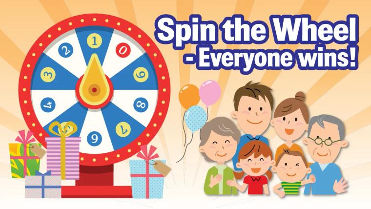 Spin the Wheel game with happy family and prizes, everyone wins promotion