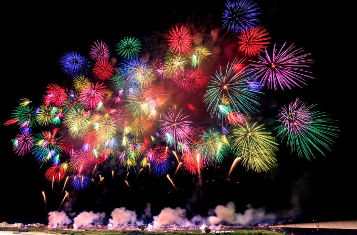 Vibrant fireworks display with multicolored explosions lighting up night sky