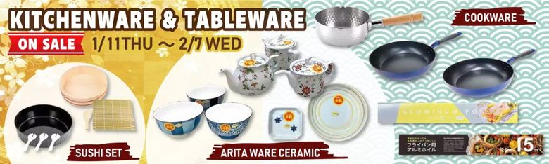 Kitchenware and tableware sale advertisement featuring sushi set, ceramic bowls, and cookware pans