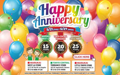 Happy Anniversary sale poster for Marukai stores, May 21-27, celebrating 15, 20, 25 years