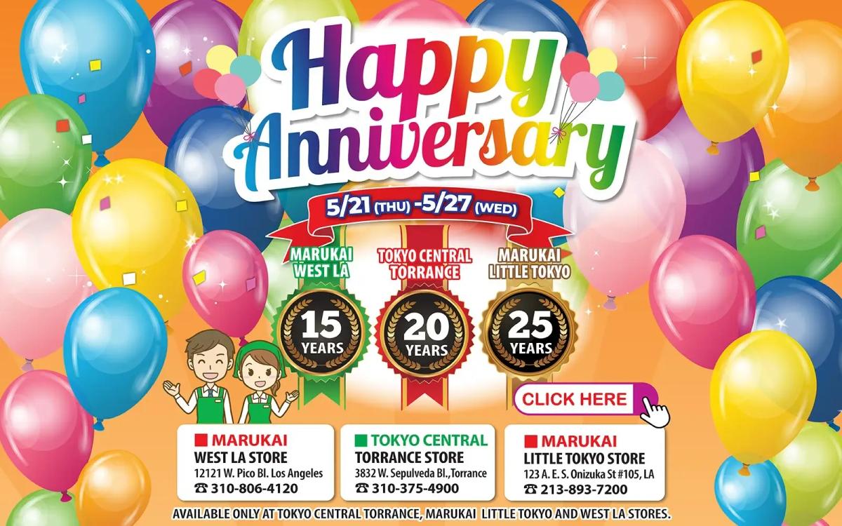 Happy Anniversary sale poster for Marukai stores, May 21-27, celebrating 15, 20, 25 years