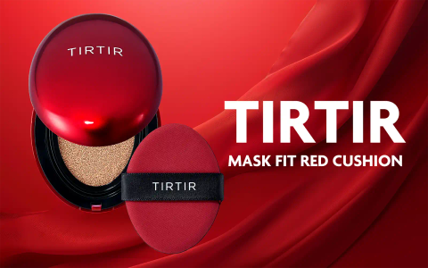 TIRTIR Mask Fit Red Cushion compact foundation with applicator puff displayed against red background