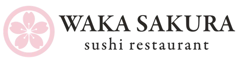 Waka Sakura sushi restaurant logo with pink cherry blossom flower design