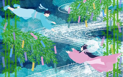 Two figures swimming through magical water with bamboo forest, flowing streams, peaceful underwater scene