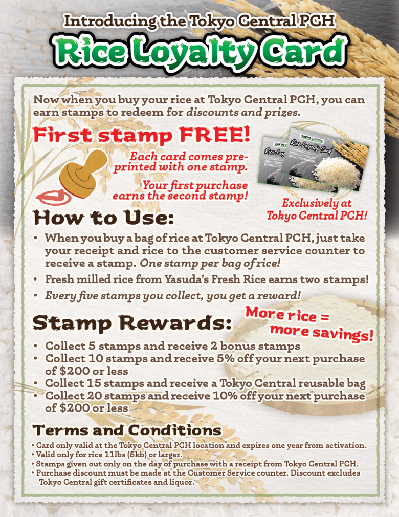 Tokyo Central PCH Rice Loyalty Card program details with stamp rewards and discounts