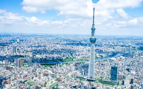 Tokyo Skytree tower aerial view of cityscape and Sumida River, Japan