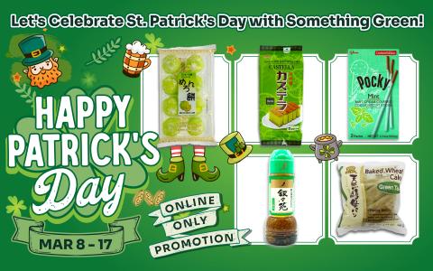 St. Patrick's Day green food promotion featuring Asian snacks and beverages, March 8-17 online only