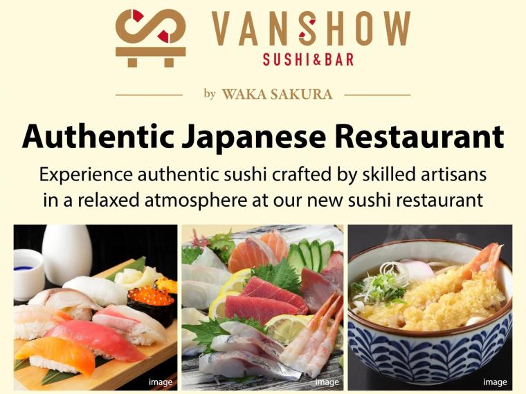 Vanshow Sushi Bar restaurant branding with nigiri sushi, sashimi platter, and tempura udon noodles