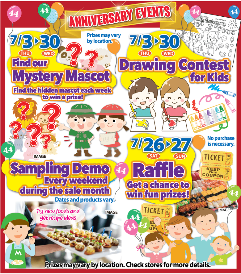 Anniversary events poster featuring mystery mascot hunt, drawing contest, sampling demo, and raffle with prizes